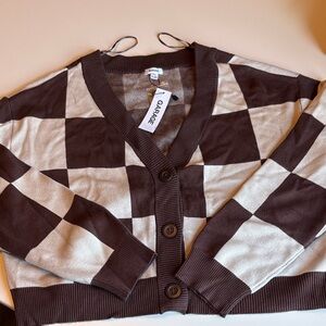 Garage Women's Cardigan in Brown and Cream Checkered Pattern